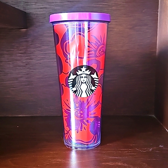 2014 Starbucks 24 oz Venti Cold cup Tumbler Purple Red Hibiscus, Rare, preowned - Picture 1 of 5